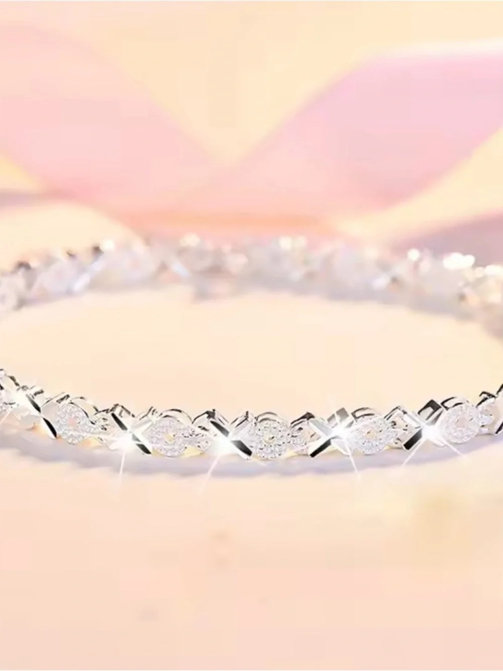 Sterling Silver Crystal Cross-Link Bracelet - Polished Silver
